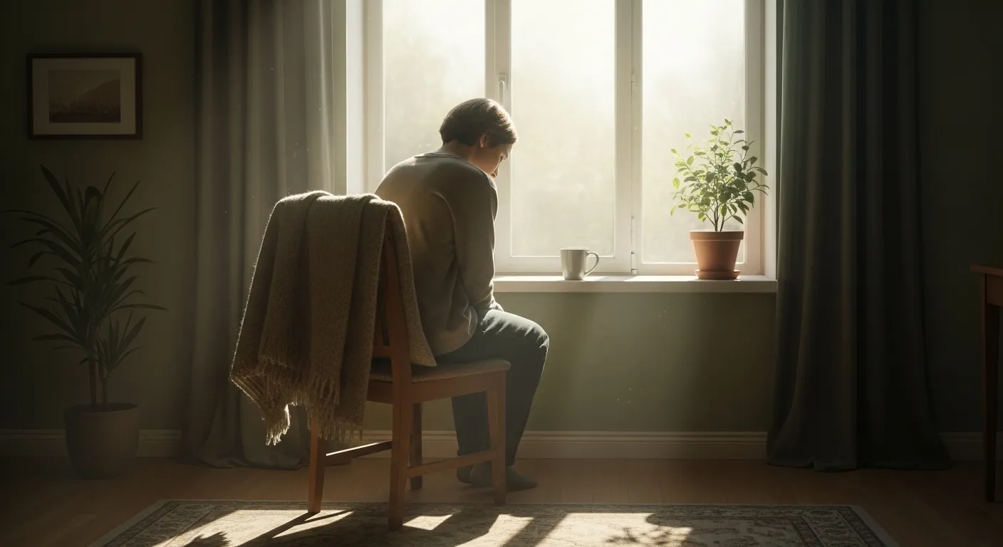 A person sitting quietly by a window in soft morning light, reflecting after being hurt