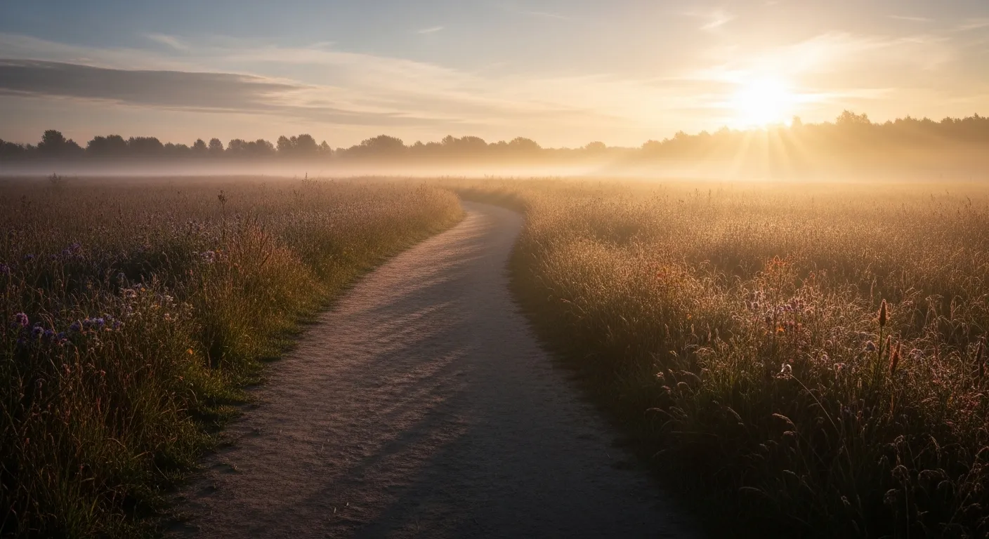 A quiet path winding through a misty field toward sunrise, symbolizing the journey of forgiveness