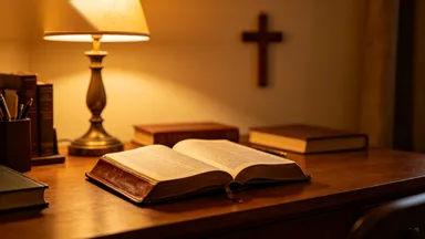 An open Bible on a wooden table with morning sunlight streaming in, ready for daily reading