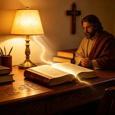 An open study Bible with cross-references and commentary notes visible in the margins