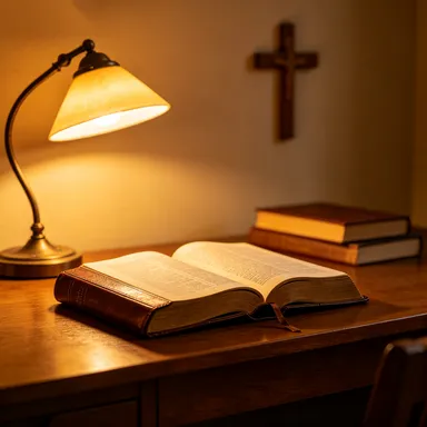 An open Bible on a wooden table bathed in warm morning sunlight, inviting the reader to begin